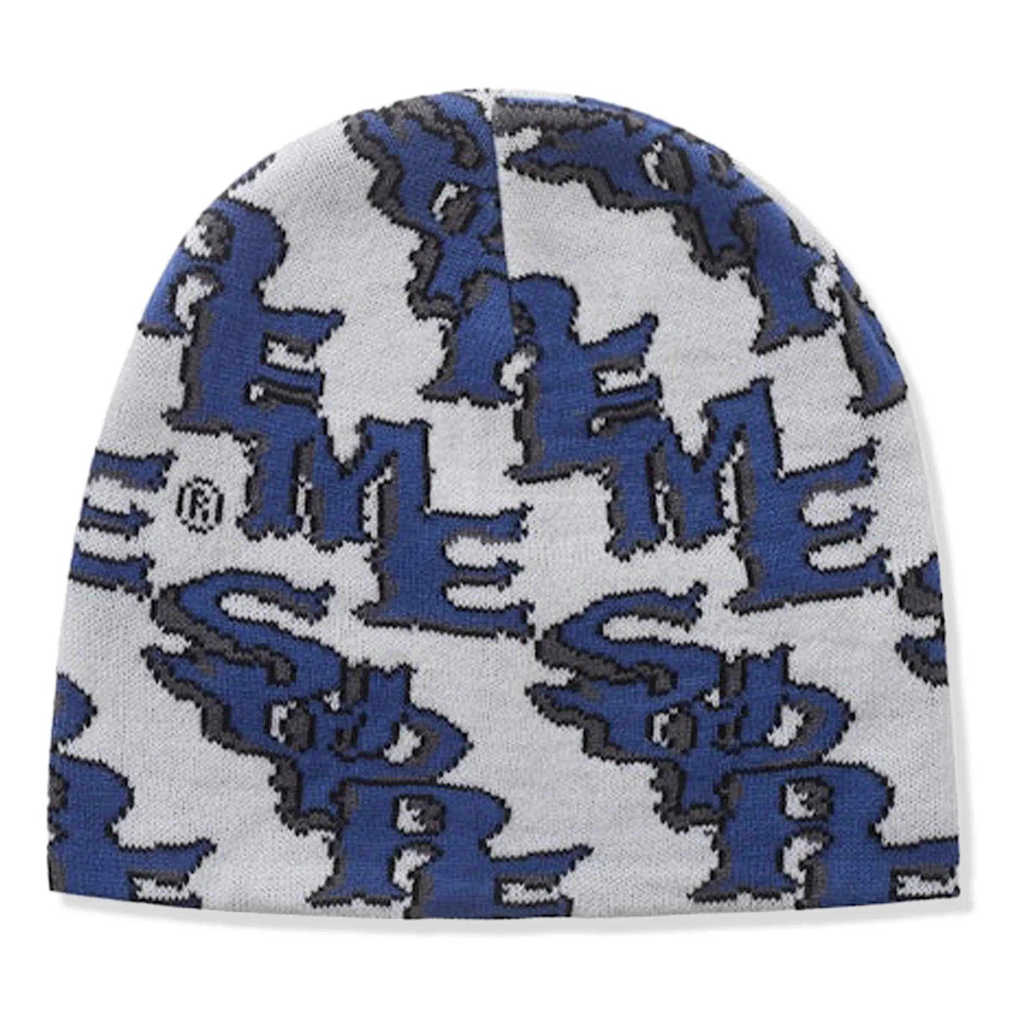 Front View of Supreme Slanted Gothic Outline White Blue Beanie (SS26)